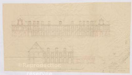 1 vue [Blois] : ville de Blois : Hôtel-Dieu (1er projet) : élévation principale faisant face à la Loire, élévation de l'aile Corbigny sur la cour côté de la levée, [par A. Pinault, architecte des hospices], 16 mai 1842, plume.