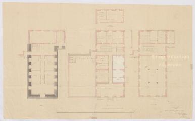 2 vues [Blois] : Hôtel-Dieu de Blois : 2e projet de construction d'une aile parallèle à l'aile Corbigny, par A. Pinault, 16 mai 1842, plume et aquarelle.