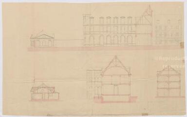 1 vue [Blois : Hôtel-Dieu : projet de construction de l'aile ouest en retour et des pavillons, XIXe], plume et aquarelle. Provenance : fonds de l'architecte Jules de La Morandière.
