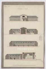 1 vue Blois : avant-projet d'hospice : élévation et profils, par Mandart, 1785, plume et aquarelle. Provenance : fonds de l'architecte Jules de La Morandière (F 414).