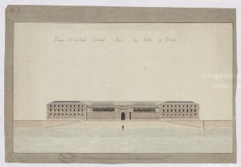 1 vue [Blois] : projet d'hôpital général pour la ville de Blois, par A. Pinault, 20 octobre 1807, plume et aquarelle. Provenance : fonds de l'architecte Jules de La Morandière (F 414).
