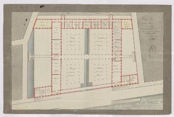 1 vue [Blois] : plan du premier étage du projet d'hôpital général pour la ville de Blois, par A. Pinault, 20 octobre 1807, plume et aquarelle. Provenance : fonds de l'architecte Jules de La Morandière (F 414).