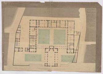 1 vue [Blois] : plan du rez-de-chaussée de l'hôpital de Vienne, par A. Pinault, mars 1839, plume et aquarelle. Provenance : fonds de l'architecte Jules de La Morandière (F 414).