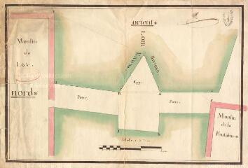 1 vue [Vendôme : plan des] moulin de Lisle nord et moulin de la Fontaine, [XVIIIe siècle], plume et aquarelle. Provenance : G 255.