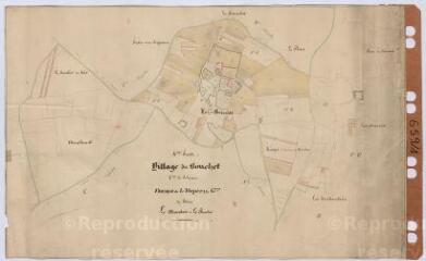 1 vue [Selommes] : village du Bouchet. Commune de Selommes. Fermes de l'Hôpital Général de Blois Le Marchais et Le Bouchet. [Par Bouchet ?, ca 1849], plume et aquarelle.