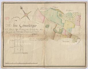 1 vue [Saint-Laurent-Nouan : plan géométrique de la ferme du Tuffet [Tuffay], paroisse de Saint-Laurent-des-Eaux, [XVIIIe], plume et aquarelle.