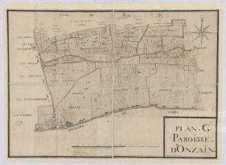 1 vue [Onzain, Chambon-sur-Cisse, Coulanges, Monteaux, Veuves : plans géométriques de la seigneurie d'Onzain] : plan G paroisse d'Onzain, 1756, plume.