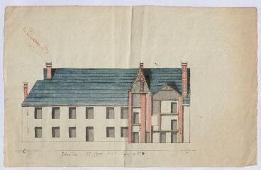 1 vue [Oucques : plan] : élévation et coupe [du château, XVIIIe siècle], plume et aquarelle.