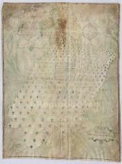 1 vue [Vendôme] : plan des bois [Courtiras] appartenant aux Pères de l'Oratoire de Vandosme [?], 29 novembre 1738, plume et aquarelle.