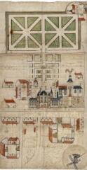 1 vue [Talcy : vue aérienne du bourg : château, parterre, potager, bois et moulin, début XVIIe], plume et aquarelle.
