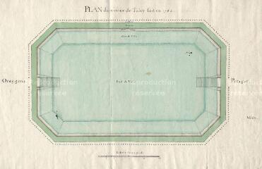 1 vue [Talcy] : plan du vivier de Talcy fait en 1762 [entre l'orangerie et le potager], plume et aquarelle.