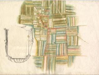 1 vue [Josnes : plan du territoire de Preney [Prenay] relevant de la seigneurie de Roche, début XVII], plume et aquarelle (inachevé).