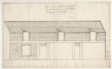 1 vue [Talcy] : projet d'écurie des remises et de chambre dans la Basse Cour à faire entre l'église et le pignon de la grange, [1833], plume.