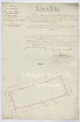 1 vue [Talcy] : [plan de] bornage de la ferme de la Bassecour, [située dans le village de Talcy, feuille n° 9], 17 décembre 1833, plume et aquarelle.