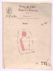 1 vue [Talcy : plans de la] ferme de la Basse-Cour : bâtiments et cour, [feuille] n° 1 du plan, [15 décembre 1833], plume et aquarelle.