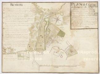 1 vue [Pontlevoy] : plan de l'église et cimetière de l'Alleu [Laleu] et des terrains et domaines avoisinants, le 14 juin 1760, plume et aquarelle.