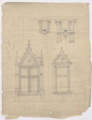 1 vue [Blois : croquis de linteaux de fenêtres de l'usine de la Villette, fabrique chocolat Poulain par Poupard, architecte, fin XIXe - début XXe siècle], crayon.
