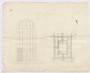 1 vue [Blois : croquis d'une porte de l'usine de chocolat Poulain par Poupard, architecte, fin XIXe - début XXe siècle], crayon.