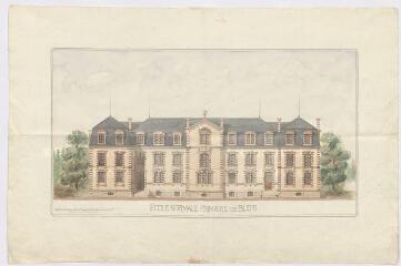 1 vue  - [Blois] : école normale primaire de Blois : [façade principale par Poupard, architecte, le 14 décembre 1871], plume et aquarelle. (ouvre la visionneuse)