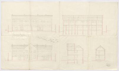 1 vue [Romorantin-Lanthenay] : projet pour la reconstruction de la prison : [façade principale et de derrière, coupes] par Poupard, 25 février 1861, plume et aquarelle.