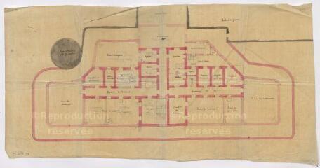 1 vue [Romorantin-Lanthenay : plan général de la prison de Romorantin par Poupard, ca 1860-1861 ?], crayon et aquarelle.