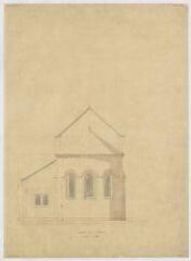 1 vue [Sambin : église] : façade sur l'abside, [septembre 1882], plume et aquarelle.