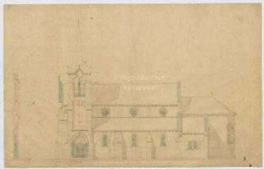 1 vue [Sambin : église : façade principale], 2 avril 1883, plume et aquarelle.