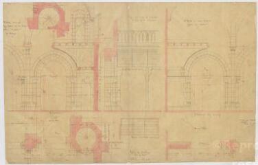 1 vue [Sambin] : église de Sambin : détails de coupes, élévations et travées [ca 1882-1833], plume et aquarelle.