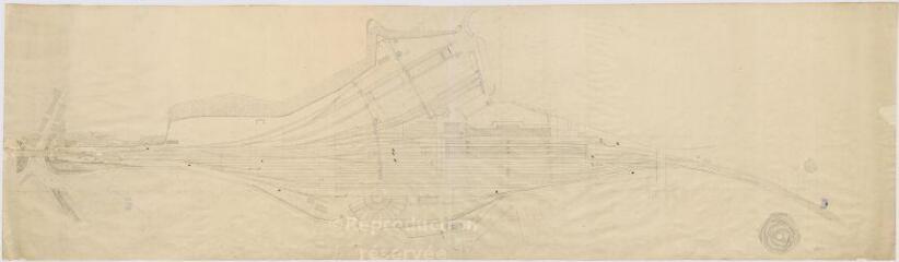 1 vue [Blois : plan d'ensemble de la gare et de ses lignes ferroviaires, XIXe siècle ?], plume.