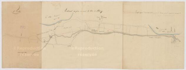 1 vue [Le Cher canalisé] : extrait des plans du canal du duc de Berry [secteur Villefranche-sur-Cher jusqu'à Thénioux], 11 avril 1825, plume et aquarelle.