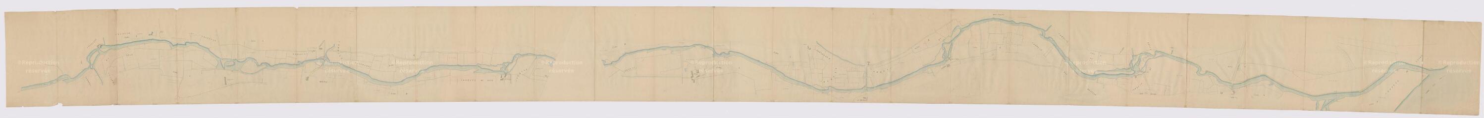 1 vue [Cellettes, Les Montils, Candé-sur-Beuvron : plan de la vallée du Beuvron, XIXe], plume et aquarelle.