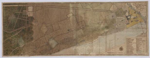 1 vue Blois : plan d'une partie de la commune, du château, des jardins et de la campagne jusqu'à la forêt, 1700. Echelle : 100 toises.