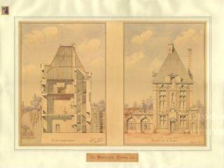 1 vue Selles-sur-Cher : relevé de la façade sur le jardin et croquis du château (coupe transversale), 1912. Provenance : Fonds Pierre Chauvallon.