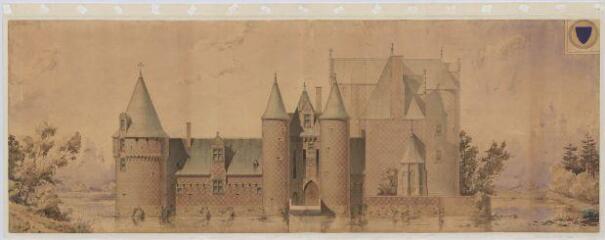 1 vue  - Lassay-sur-Croisne : [relevé] de la façade d\'entrée sur les douves du château du Moulin, 1900. Provenance : Fonds Pierre Chauvallon. (ouvre la visionneuse)