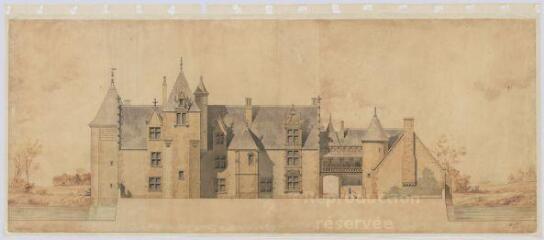 1 vue Chémery : croquis de la façade sur la cour (coupe transversale) du château [restauration], 1903. Provenance : Fonds Pierre Chauvallon.