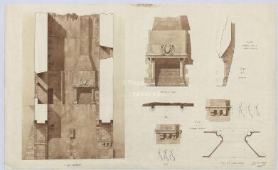 1 vue Mennetou-sur-Cher : croquis de la porte d'en-bas des remparts (coupe longitudinale, cheminée du premier étage, détails), 1904. Provenance : Fonds Pierre Chauvallon.