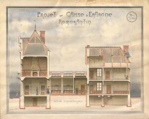 1 vue Romorantin-Lanthenay : croquis du second projet de Caisse d'Epargne de la commune (coupe longitudinale), 1909. Provenance : Fonds Pierre Chauvallon.