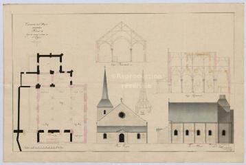 1 vue Saint-Denis-sur-Loire : plan et croquis de l'église de la commune (coupe longitudinale et transversale et façade latérale), août 1844