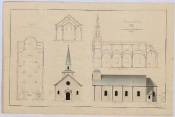 1 vue Saint-Denis-sur-Loire : plan pour la reconstruction et croquis de l'église de la commune (coupe longitudinale et transversale et façade latérale), août 1844. Echelle au 1/100e