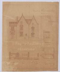 1 vue Montrichard : croquis du projet de reculement de la façade de l'hospice de la commune (élévation et coupe), 1899