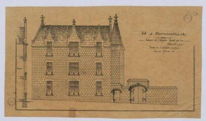 1 vue Montrichard : croquis de la façade sur rue et de l'annexe de l'hospice de la commune, 1906