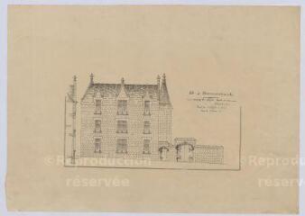 1 vue Montrichard : croquis de la façade principale sur rue et de l'annexe de l'hospice, 1906