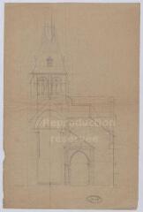 1 vue  - Selles-sur-Cher : croquis de la restauration du clocher de l\'église de la commune, [ca 1868]. Provenance : Fonds de l\'architecte Jules de La Morandière (F 811). (ouvre la visionneuse)