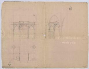 1 vue Selles-sur-Cher : plan de restauration du tambour (coupe longitudinale) de l'église de la commune, [ca 1867]. Provenance : Fonds de l'architecte Jules de La Morandière (F 811).