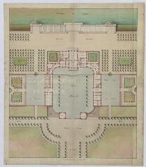 1 vue Ménars : plan général du château et de ses dépendances, [ca 18ème siècle]. Echelle de 6,6 cm (10 toises)