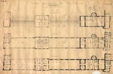 1 vue Lamotte-Beuvron : plan de la colonie pénitentiaire de Saint-Maurice (bâtiment B, dortoir côté chemin de fer, rez-de-caussée, premier et deuxième étage), juillet 1932. Echelle au 1/100e