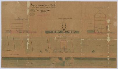 1 vue Chissay-en-Touraine : plan du projet de construction d'un moulin sur la rivière du Cher au barrage de la commune (coupe et élévation), s.d.