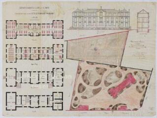 1 vue Blois : plan de la construction d'une école primaire dans la commune (plan d'exécution des travaux, plan de l'ensemble du terrain (échelle au 1/200e), élévation et coupe transversale (1/100e), 28 août 1874