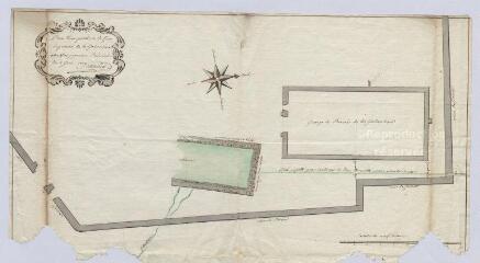 1 vue La Colombe : plan d'une partie de la cour du prieuré de la Gahandière relatif au jugement présidial, 4 juin 1779. Echelle au 1/1 754e (9 toises)