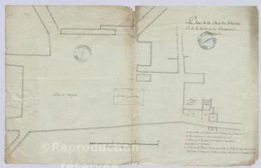 1 vue Herbault : plan de la place du marché et de la halle de la commune (indications des bâtiments l'entourant), s.d.